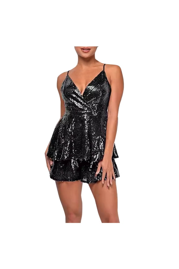 Spaghetti Strap Ruffle Romper Womens Sequin Wrap V Neck Outfit Party Concert One Piece Jumpsuit Black,XXXL