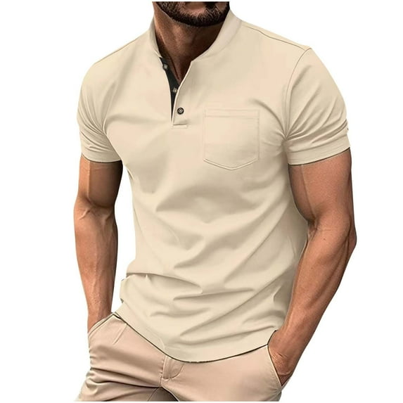 FAVIPT Sport Shirts for Men Short Sleeve Solid Color Blouses Stand Collar Button Up Pullover Tops Slim Fit Golf Tennis Tees Summer 2025 Khaki,S