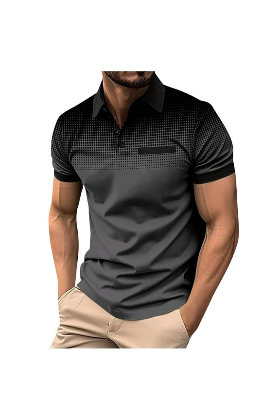 Sports Shirts for Men Golf Tennis Casual Pullover Tops Short Sleeve Polka Dot Print Tees Button Up Lapel Slim Soft Blouses 2025 Black,M