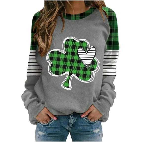 FAVIPT St Patricks Day Sweatshirts for Women Irish Shirt Green Sequin Graphic Print Crewneck Long Sleeve Shamrock Shirts Sweater Top 2025 Gray,XL