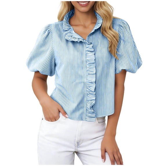 FAVIPT Striped Shirts for Women Puff Short Sleeve Ruffle Collar Tees Button Down Business Casual Tops Blue,M
