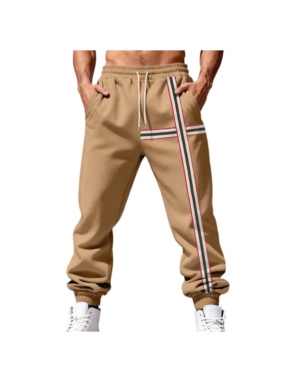 Stripes Active Running Pants for Men Cross Printed Elastic Waist Sweatpants Drawstring Tapered Cuffed Joggers 2025 Khaki,XXXL