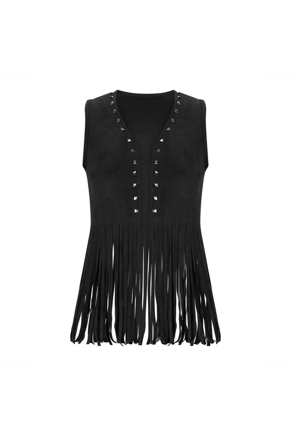 Suede Jacket for Women Tassel Rivet Western Outerwear Fringe Ethnic Hippie Tops Open Front Sleeveless Plain Outfits Black,S