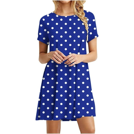 FAVIPT Summer Beach Dress for Women Casual Round Neck Short Sleeve T-shirts Dresses Polka Dot Printed Loose Fit Swing Sundress 2025 Blue,XXL