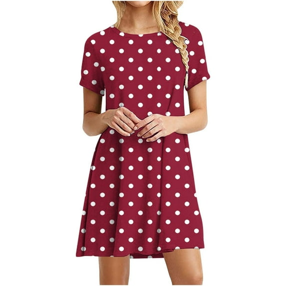 FAVIPT Summer Beach Dress for Women Casual Round Neck Short Sleeve T-shirts Dresses Polka Dot Printed Loose Fit Swing Sundress 2025 Red,XXL
