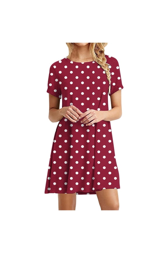 Summer Beach Dress for Women Casual Round Neck Short Sleeve T-shirts Dresses Polka Dot Printed Loose Fit Swing Sundress 2025 Red,XXL