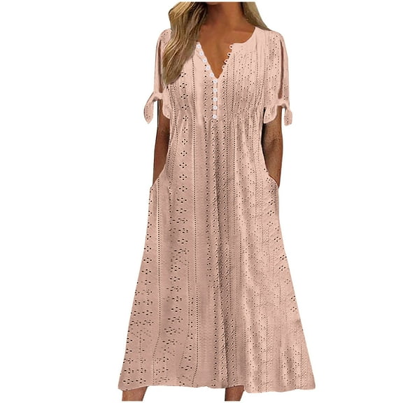 FAVIPT Summer Eyelet Dresses for Women with Pockets Short Sleeve Button V Neck Flowy A Line Casual Boho Midi Sun Dress 2025 Beige,S