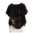 thumbnail image 1 of FAVIPT Summer Linen Tops Bohemian Floral Print Soft Blouses Crew Neck Button Up Tops Short Sleeve Casual Fashion 2025 Tees Black,L, 1 of 4