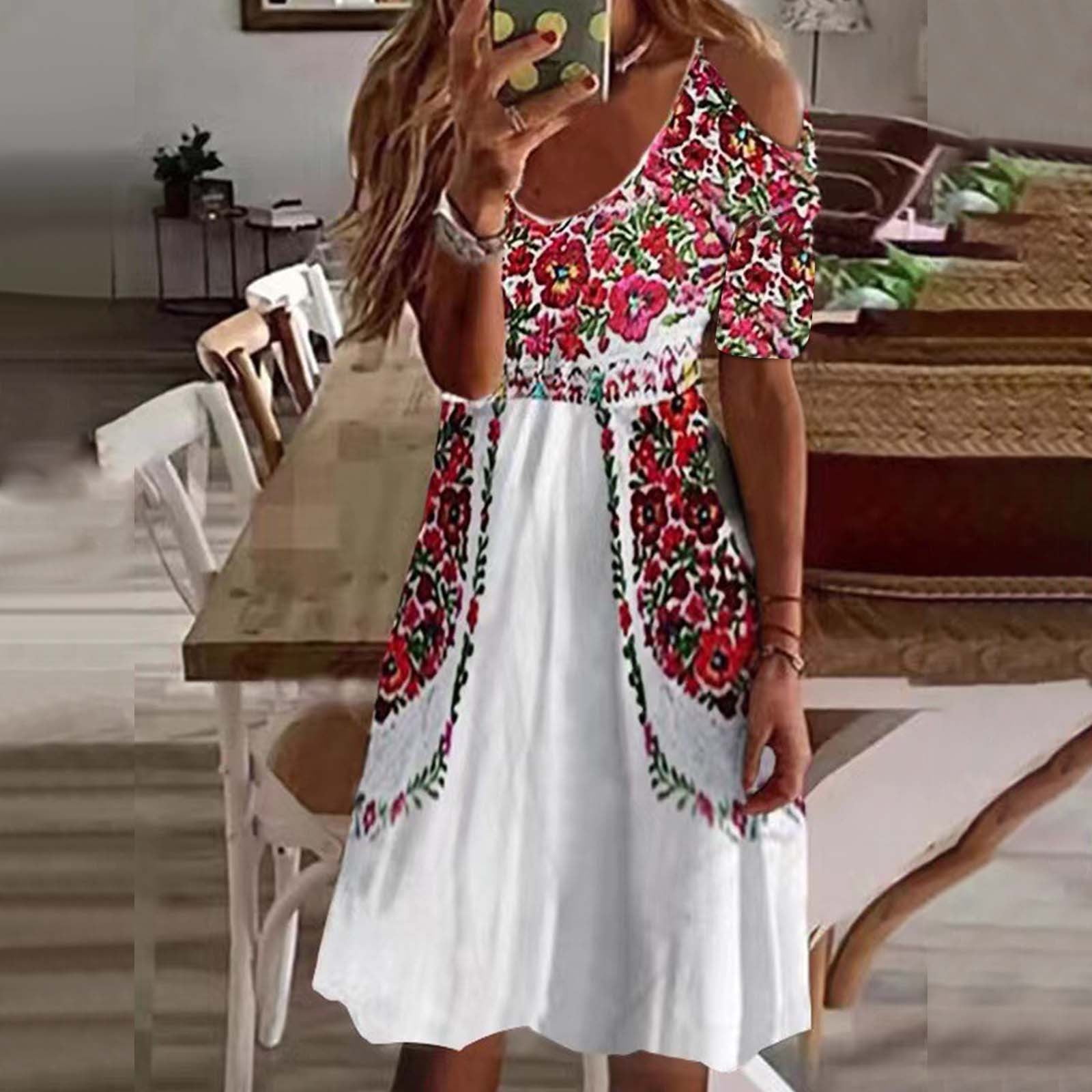 FAVIPT Summer Mexican Dress Women 2023 Wedding Guest Print Dress Swing  Short Sleeve Midi Dress Tunic Crew Neck Sun Dress - Walmart.com