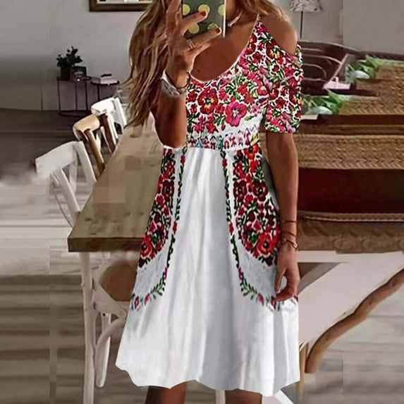 FAVIPT Summer Mexican Dress Women 2023 Wedding Guest Print Dress Swing Short Sleeve Midi Dress Tunic Crew Neck Sun Dress