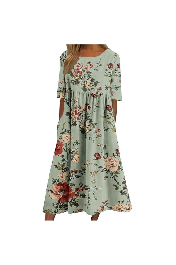 Summer Pocket Dresses for Women Elegant Floral Print Maxi Dress Short Sleeve Crew Neck Dresses Causal Fashion Pleated 2025 Dress Army Green,XXL