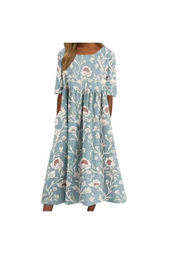Summer Pocket Dresses for Women Elegant Floral Print Maxi Dress Short Sleeve Crew Neck Dresses Causal Fashion Pleated 2025 Dress Light Blue,XXL
