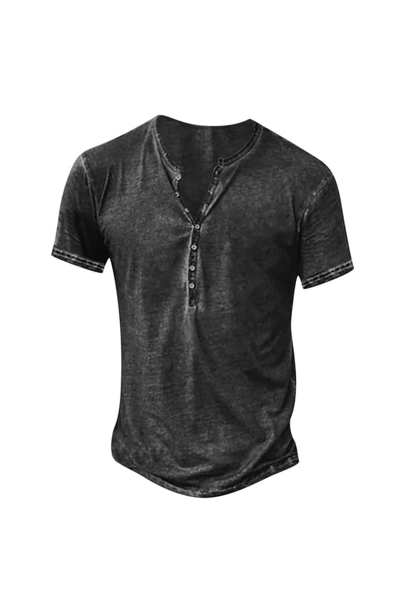 Summer Shirts for Men 2024 Mens Distressed Henley Shirts Retro Short Sleeve Tee Shirts Summer Casual Button Down Washed T-Shirts for Men Big and Tall Dark Gray XXXL