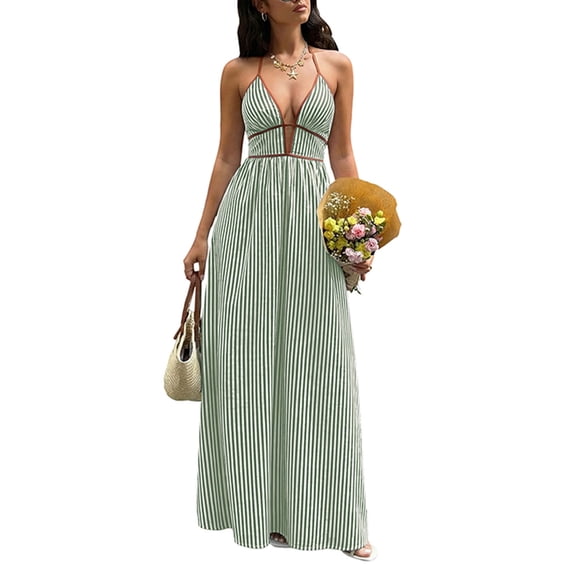 FAVIPT Summer Sleeveless Dresses for Women Stripes Print Cocktail Party Sundress Deep V Neck Halter Backless Smocked Dress Green,XL