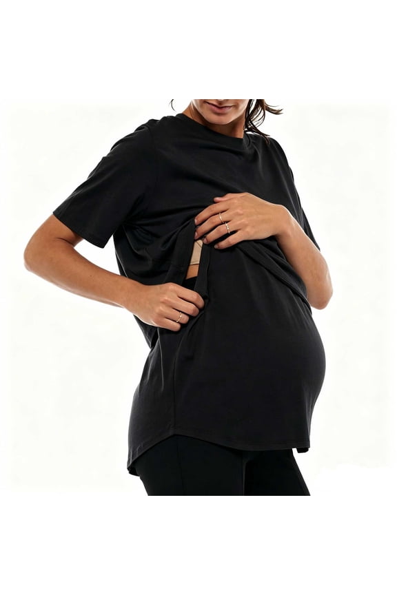 Summer Tops for Pregnant Women Cotton Double Layer Curved Hem Maternity Blouse Short Sleeve Crew Neck Breastfeeding Tee Black,M