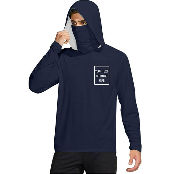 FAVIPT Sun Protection Shirts for Men Fishing Rash Guard UPF 50+ Shirts Long Sleeve Printing Hooded Shirts Outdoor Hiking Jackets with Mask 2025 Navy,L