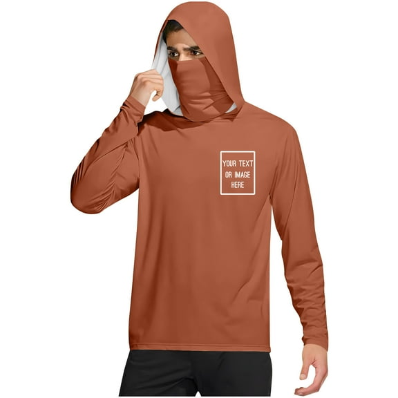 FAVIPT Sun Protection Shirts for Men with Hoodie Printing Long Sleeve Shirts Lightweight Rash Guard Shirts Outdoor Hiking UPF 50+ Outwear with Mask Orange,L