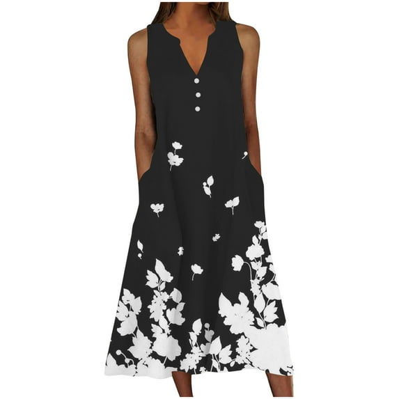 FAVIPT Sundress for Women Sleeveless Tank Dresses 2025 Vacation Plus Size Dress Casual Button V Neck Boho Floral Beach Dress Black,XXXXL