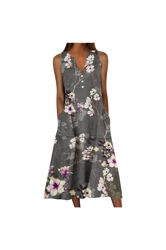 Sundress for Women Sleeveless Tank Dresses 2025 Vacation Plus Size Dress Casual Button V Neck Boho Floral Beach Dress Gray,XXL
