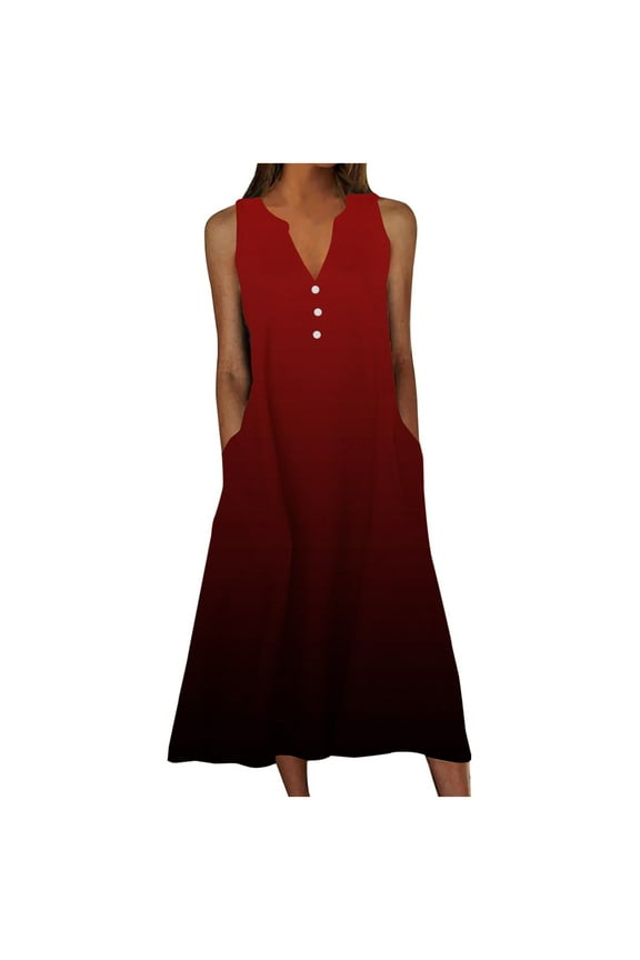 Sundress for Women Sleeveless Tank Dresses 2025 Vacation Plus Size Dress Casual Button V Neck Boho Floral Beach Dress Red,XXXXXL