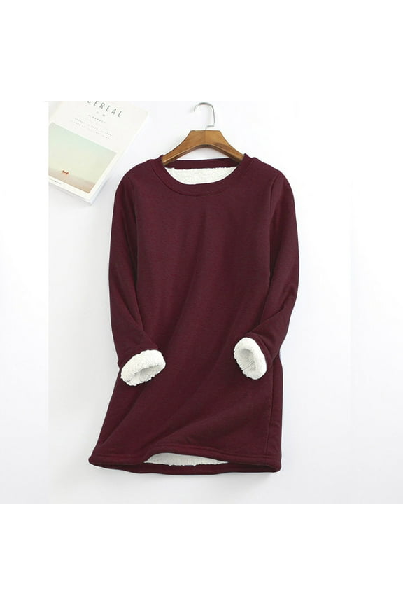 Sweatshirts for Women Plus Size Sherpa Fleece Lined Oversized Sweaters Long Sleeve Pullover Crewneck Warm Tunic Tops Wine S