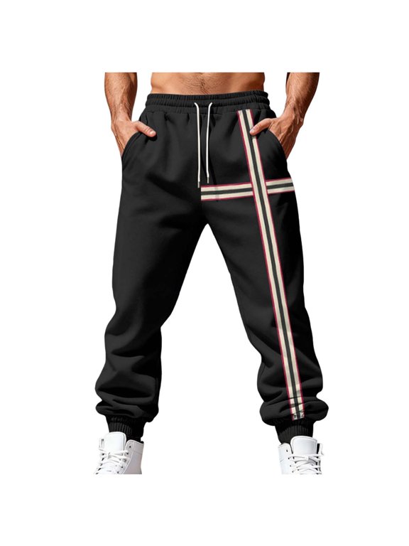 Tapered Cuffed Joggers for Men Elastic Waist Drawstring Sweatpants Stripes Cross Printed Active Running Pants 2025 Black,L
