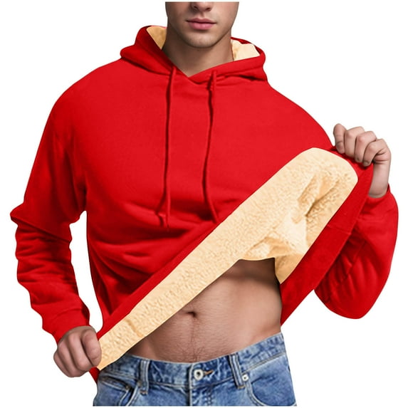 FAVIPT Thermal Hoodie Men Winter Men's Casual Fleece Sherpa Lined Hoodie Solid Color Thicken Warm Pullover Hooded Sweatshirt 2025 Red,XXL
