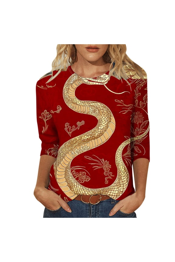 Traditional Chinese Snake T-Shirt Funny 3/4 Sleeve Tops Year of The Snake Shirt 2025 New Year Zodiac Tshirt 2025 Red,XXL