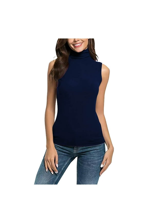 Turtle Necks Tops for Women Sleeveless Soft Tank Tops Solid Color Slim Fit Stretchy Layer Tee Basic Shirts 2025 Plus Size Dark Blue,L