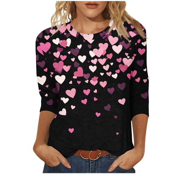FAVIPT Valentine Shirt for Women Cute Love Heart Print Graphic Tees T-Shirt 3/4 Length Sleeve Tunic Tops Pullover 2025 Pink,XXXXXL