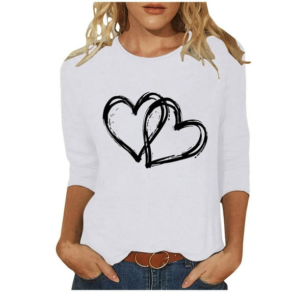 FAVIPT Valentine's Blouse for Women Cute Love Heart Print Graphic Tees T-Shirt 3/4 Length Sleeve Tunic Tops Pullover 2025 White,XXL