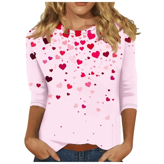 FAVIPT Valentines Day Blouses for Women Cute Love Heart Print Graphic Tees T-Shirt 3/4 Length Sleeve Tunic Tops Pullover 2025 Pink,XXXL