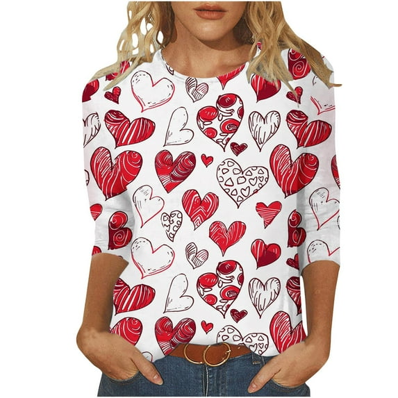 FAVIPT Valentines Day Tops for Women Cute Love Heart Print Graphic Tees T-Shirt 3/4 Length Sleeve Tunic Tops Pullover 2025 Multicolor,XL