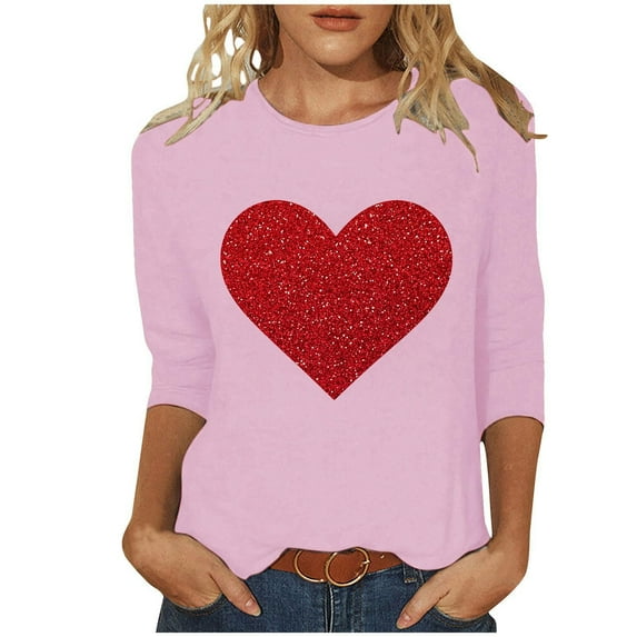 FAVIPT Valentines Shirts for Women Cute Love Heart Print Graphic Tees T-Shirt 3/4 Length Sleeve Tunic Tops Pullover 2025 Pink,L