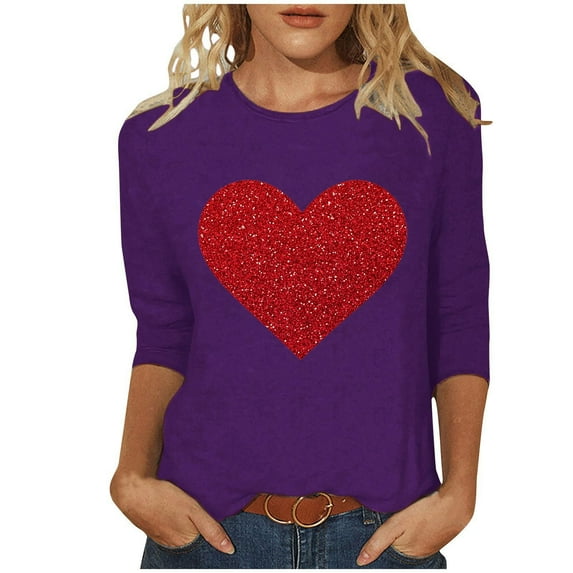 FAVIPT Valentines Shirts for Women Cute Love Heart Print Graphic Tees T-Shirt 3/4 Length Sleeve Tunic Tops Pullover 2025 Purple,XL