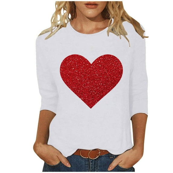 FAVIPT Valentines Shirts for Women Cute Love Heart Print Graphic Tees T-Shirt 3/4 Length Sleeve Tunic Tops Pullover 2025 White,L