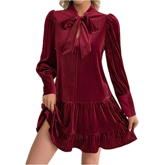 FAVIPT Velvet Party Dresses for Women Elegant Bow Neck Flowy Dressess Puff Long Sleeve Ruffle A Line Mini Dresses Red,M