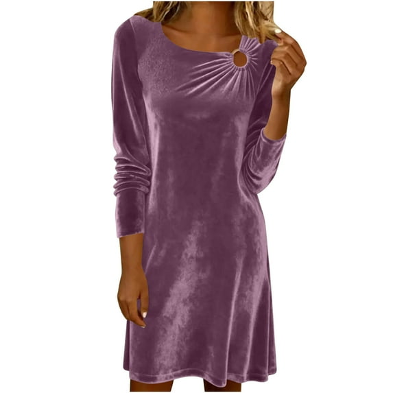 FAVIPT Velvet formal Dresses for Women Crew Neck Long Sleeve Midi Dressess Solid Color Elegant Party Cocktail Dresses Purple,M