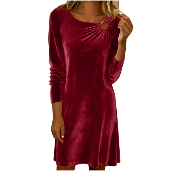 FAVIPT Velvet formal Dresses for Women Crew Neck Long Sleeve Midi Dressess Solid Color Elegant Party Cocktail Dresses Red,XXL