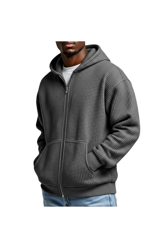 Waffle Knit Long Sleeve Jacket Men's Solid Color Casual Hooded Full Zip Winter Basic Coat Dark Gray,XL