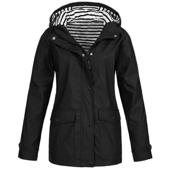 FAVIPT Warm Rain Coats for Women Full Zip Hooded Raincoats Long Sleeve Plain Lightweight Jackets Waterproof Sun-Protective Coats 2025 Black,XL