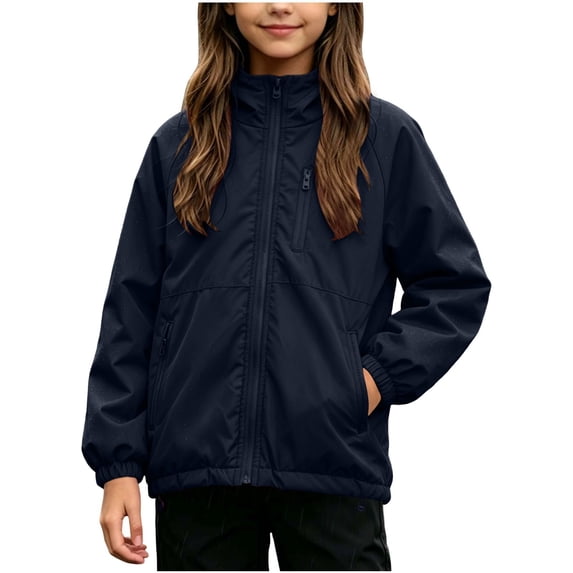 FAVIPT Waterproof Jacket for Girl Adjustable Drawstring Windproof Hooded Jackets Zip Up Outdoor Coat with Zipper Pockets Black,9-10 Years