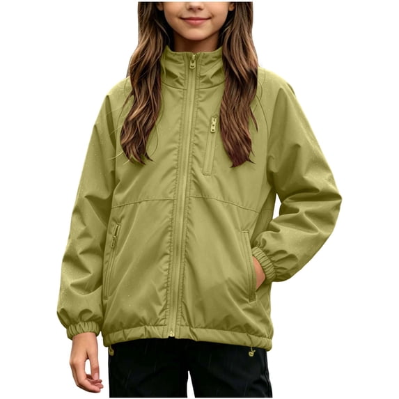 FAVIPT Waterproof Jacket for Girl Adjustable Drawstring Windproof Hooded Jackets Zip Up Outdoor Coat with Zipper Pockets Green,7-8 Years