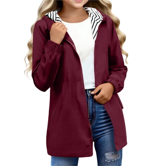 FAVIPT Waterproof Jacket for Kids Girls Boys Long Sleeve Zip Up Long Windproof Hooded Jackets Lightweight Package Outdoor Coat Wine,13 Years