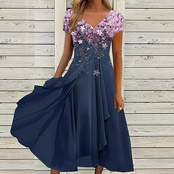 FAVIPT Wedding Guest Dresses for Women Elegant 2023 Mother of The Bride V Neck Chiffon Formal Evening Midi Dress Cocktail Party Prom Dress