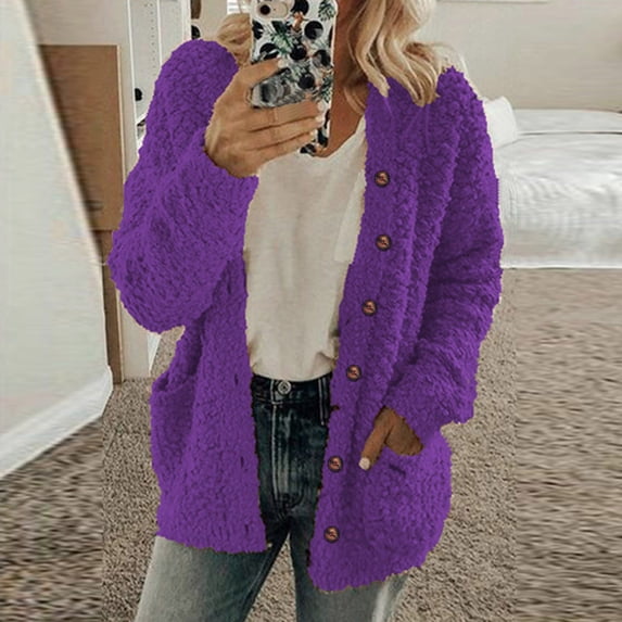 FAVIPT Winter Coat for Women 2024 Soft Fleece Jacket Fuzzy Sherpa Cardigan Open Front Buttons Plush Jackets Coats Outwear Purple 3XL