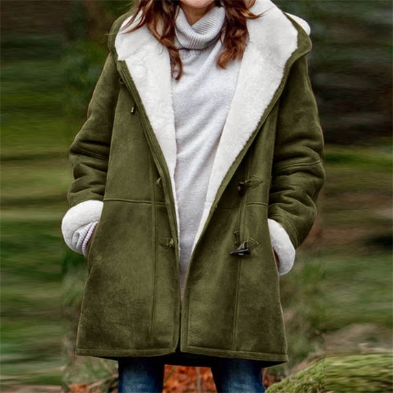 FAVIPT Winter Jackets for Women 2024 Plus Size Fleece Jacket Horn Button Sherpa Lined Overcoats Faux Suede Thermal Outerwear Army Green S
