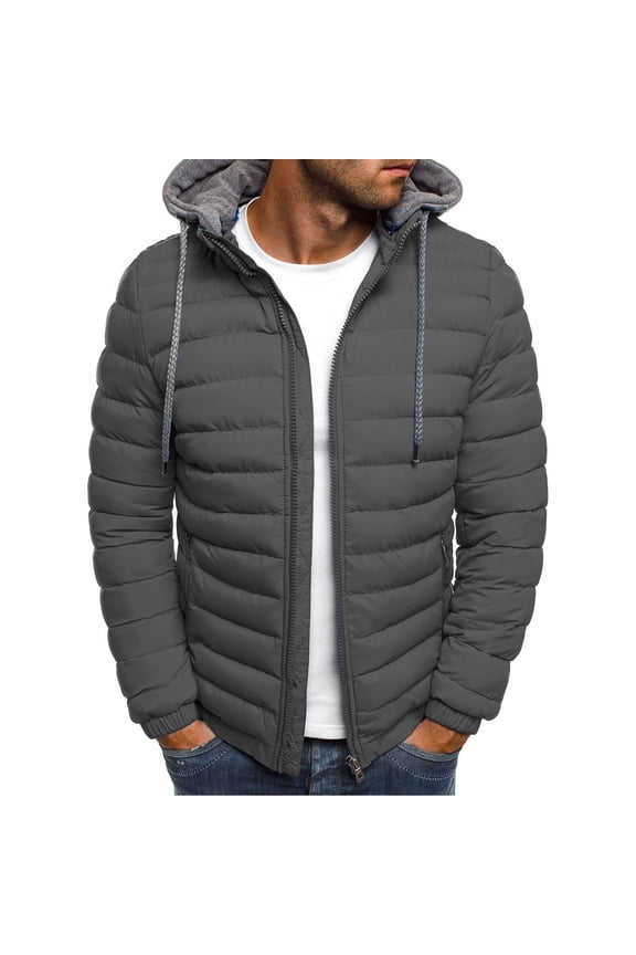 Winter Puffer Coats for Men Padded Warm Lightweight Outerwear Full Zip Plain Cold Weather Hooded Jacket 2025 Gray,XXL
