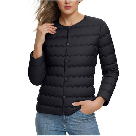 FAVIPT Winter Puffer Jackets for Women Lightweight Button Down Plain Coats Collarless Quilted Warm Soft Outerwear with Pockets Black,XXL