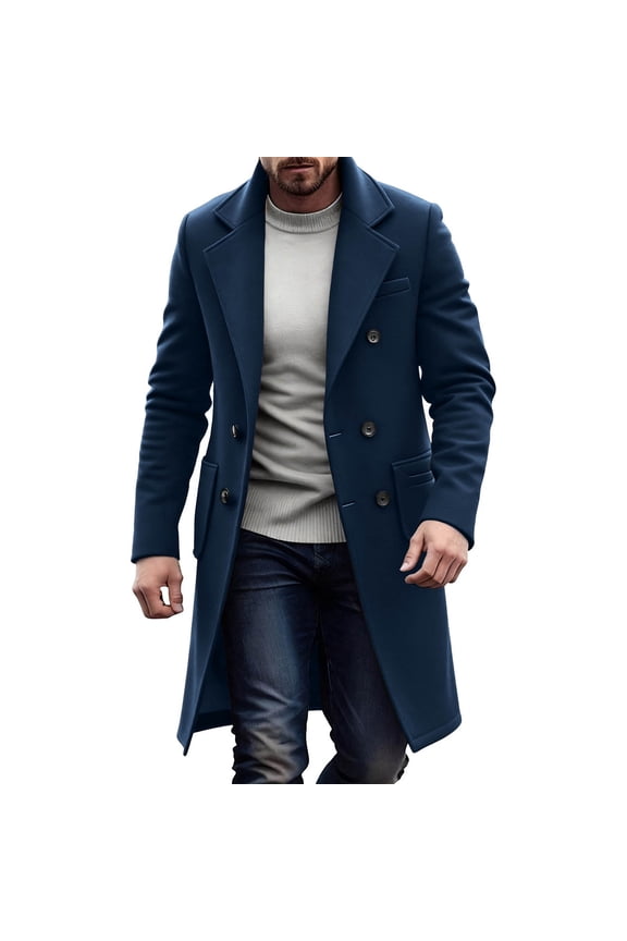 Winter Trench Coat for Men Double-Breasted Notch Lapel Pea Coat Wool Blend Medium Length Overcoat Classic Business Casual Top Coat Dark Blue,S